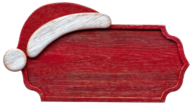 Empty red wooden sign board with Santa Claus hat in corner, perfect for holiday greetings, Christmas messages or festive announcements on white background