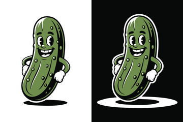 Cartoon Pickle Mascot Character In Retro Style On White And Black Backgrounds