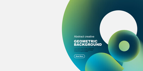 Abstract geometric background features vibrant color gradients, circles, text, button. Modern design, clean aesthetic, simple composition.