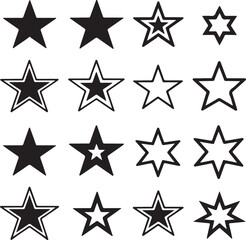 Diverse Star Collection Black and White Variety Featuring Five and Six Pointed Shapes Outlines and Solid Fills
