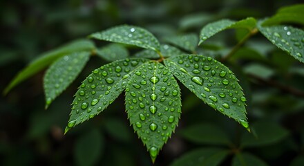 Close-up of vibrant green leaves covered in glistening water droplets after a rain shower, showcasing nature's beauty and freshness.