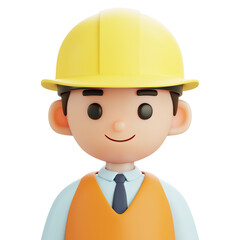 Construction worker character in 3D style, wearing safety vest and yellow helmet, suitable for engineering, labor, or safety education.

