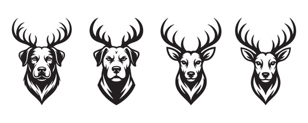 Dog And Deer Head Vector Icons In Black And White Minimalist Style Set