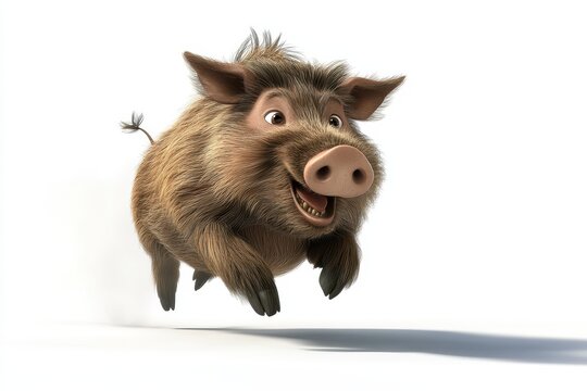 Wild boar running wildly 3d render cartoon character on white background - Powered by Adobe