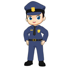 3D male police character in blue uniform standing confidently with hands on hips, representing law enforcement and authority role.

