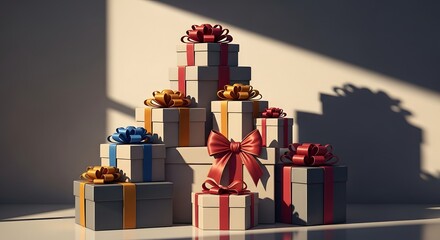 Stack of wrapped gift boxes with colorful metallic bows in sunlight
