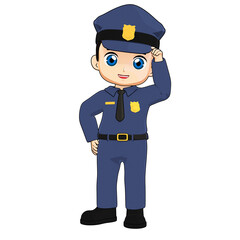 3D male police officer character in blue uniform giving a formal salute with right hand, standing confidently, smiling slightly.

