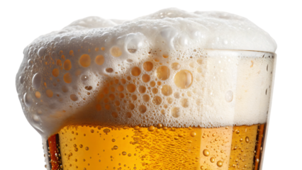 Golden lager in a cold pint glass with frothy foam and effervescent bubbles, isolated on white for a fresh, refreshing beverage