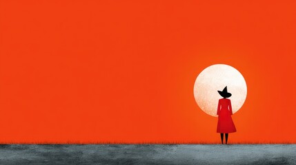 Obraz premium Silhouette of a Woman in Red Dress and Witch Hat Against an Orange Sunset