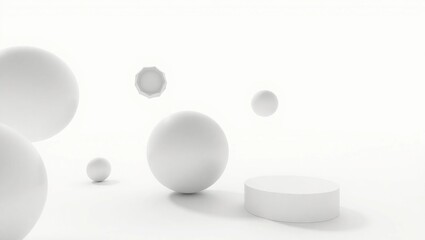 White serene 3D floating objects minimalist minimal composition geometric design monochrome environment
