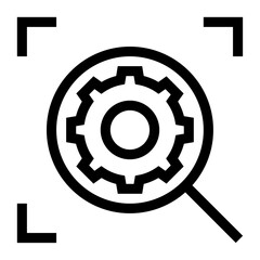 Icono de control de calidad. Lupa inspeccionando un engranaje. Inspección técnica, verificación de procesos y garantía. Ilustración vectorial