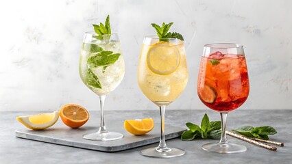 Fototapeta premium Three refreshing cocktails garnished with mint and citrus fruits