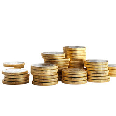 Gold coins stacked in several piles against a black background