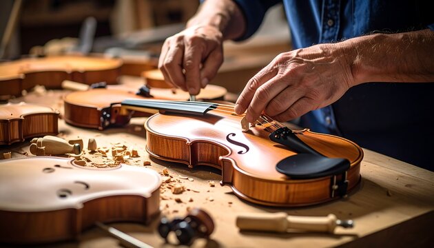 Artisan meticulously crafts violins