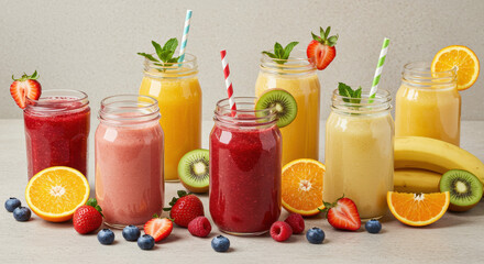 Colorful fruit smoothies in glass jars