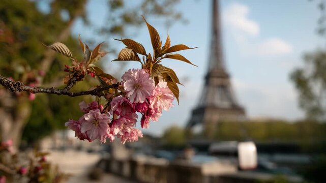 A beautiful branch of cherry blossoms is in focus, with the iconic Eiffel Tower blurred in the background, showcasing the springtime joy and romance of Paris.