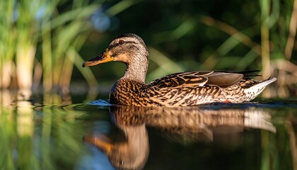 Fototapeta premium A mallard duck glides across a pond