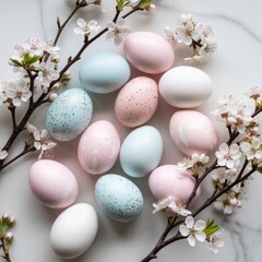 Fototapeta premium Pastel Easter Eggs Blossom Arrangement pastel colors