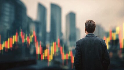 Business Visionary: A business professional stands tall, looking toward a vibrant financial chart in a cityscape, symbolizing strategy, potential, and foresight. - Powered by Adobe