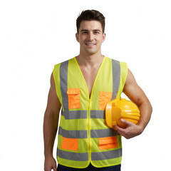 portrait of construction worker PNG, male construction worker, builder wearing helmet, smiling construction worker