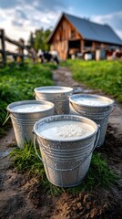 Fototapeta premium A arrangement of buckets filled with fresh milk placed near a rustic barn