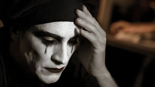 A thoughtful mime artist, wearing dramatic white face paint, reflects a deep emotional state, capturing the essence of performance art and human emotion through facial expression.