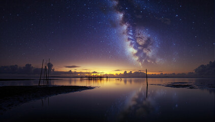 Stunning Milky Way over calm ocean waters at twilight. A breathtaking night sky, perfect for stargazing, astrophotography, and celestial reflections in this peaceful cosmic landscape.