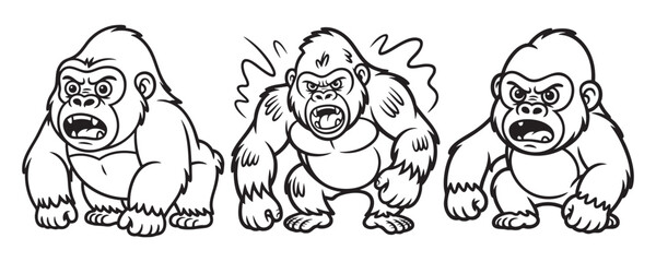 Three Angry Cartoon Gorillas Outline Illustration Aggressive Wild Mammals Standing Black And White Design