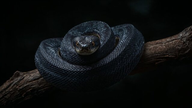 A menacing black snake coiled tightly on a rustic tree branch, isolated against a dark, mysterious background. - Powered by Adobe
