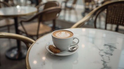 Smooth espresso blended with steamed milk, served in a warm ceramic cup with delicate latte art, offering a comforting and rich coffee experience in a cozy café atmosphere.