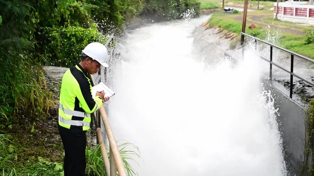 A dam specialist engineer is checking the operation of a large dam's water release system to ensure it is still operating according to standards.