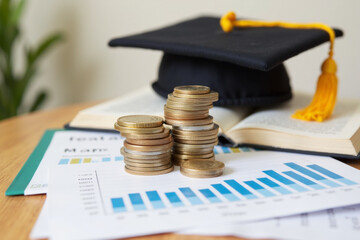 Concept Student Success Scholarships, Students for College and University Tuition, Tuition for Education, Investment and Scholarships. Stack of coins on a book with a graph and a graduation cap.