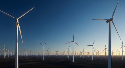 Obraz premium Wind turbines on a wind farm generating renewable energy at sunrise