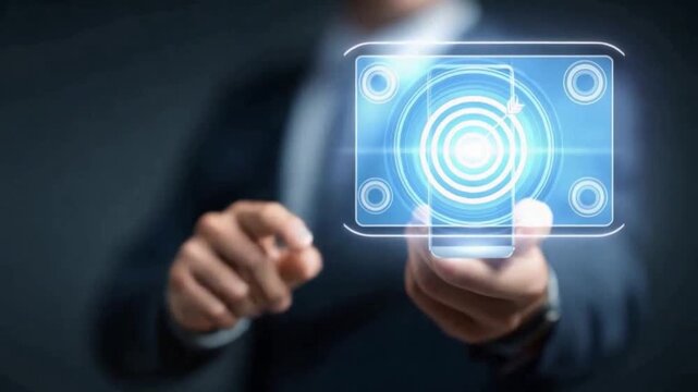 The Future in Hand: A poised individual engages with a glowing virtual interface, a mesmerizing tableau of innovation and connection, showcasing the endless possibilities of digital interaction.