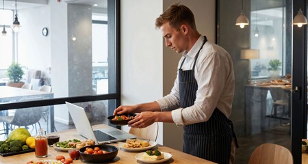 Australian backpacker hosting virtual cooking class in glass‑walled fintech hub