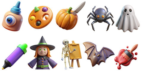 Delightful 3D Halloween Icons A playful collection of spooky symbols perfect for festive on transparent background