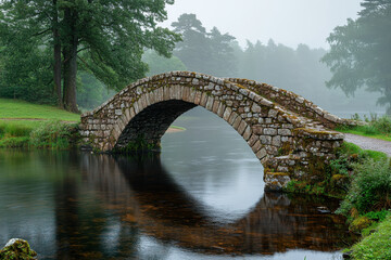 Stone bridge crossing forest river.