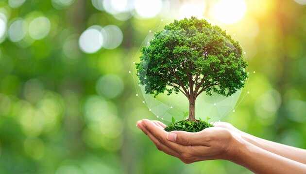 Hands cradling a lush tree within a protective digital network sphere.