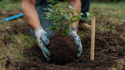 Naklejka premium Hands wearing gardening gloves carefully planting a small green sapling into fertile soil outdoors
