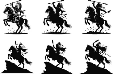 Fototapeta premium Native American on Horse Silhouette Bundle – Tribal Warrior, Cowboy Rider, Western Culture Vector Clipart