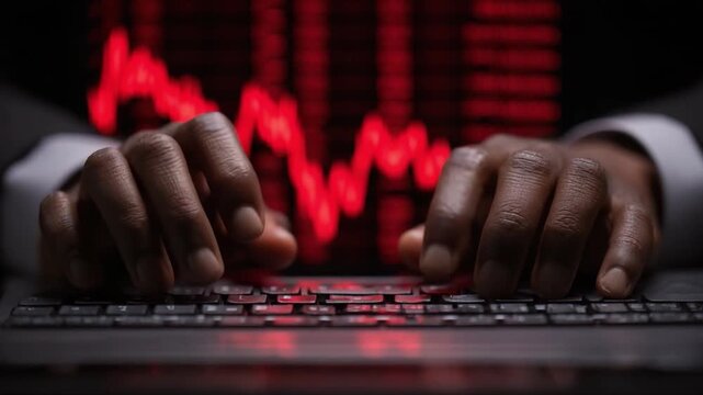 Financial Downturn: Hands poised over a keyboard, in a stark depiction of economic uncertainty, with red cascading lines symbolizing market decline. Capturing the stress, the pressure.