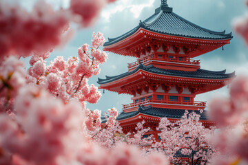 Pagoda engulfed by pink cherry blossoms.