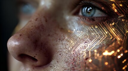 Close-up young freckled face with digital overlays representing blend of human emotion and advanced technology