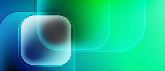 Abstract background features rounded squares, vibrant bluegreen gradients. Smooth transitions create modern, dynamic visual effect.