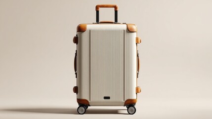 Off-white hard-shell suitcase with tan leather accents, upright, four wheels, telescopic handle, minimalist design, against a neutral background