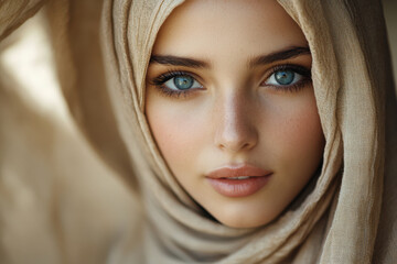 Fototapeta premium Woman with piercing blue eyes wearing a colorful scarf.