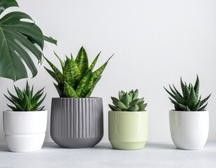 Obraz premium A charming arrangement of three vibrant potted plants, featuring lush green leaves, sits atop a rustic wooden table, adding a touch of nature to the space.