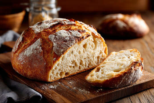 Crusty artisan sourdough loaf on rustic wooden cutting board, dusted with flour, sliced open to reveal airy crumb texture