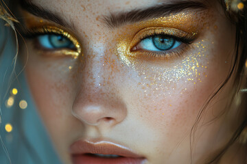 Woman with golden glitter on face.