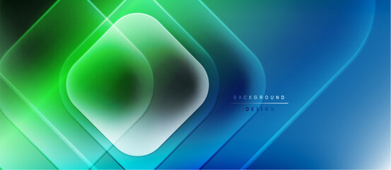 Abstract geometric design. Vibrant green, blue gradients create modern backdrop. Overlapping squares, flowing lines suggest movement, depth.